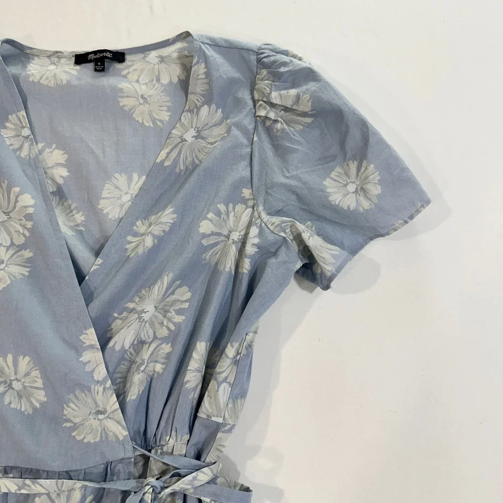 Madewell Daisy Print Wrap Dress Women M Blue Floral Cotton Short Sleeve Mini